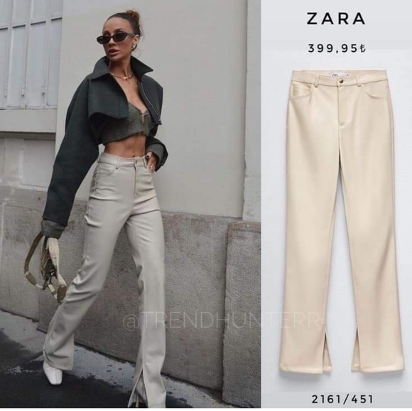 Zara * Faux Leather Cream Pants Slit - Picture 4 of 11